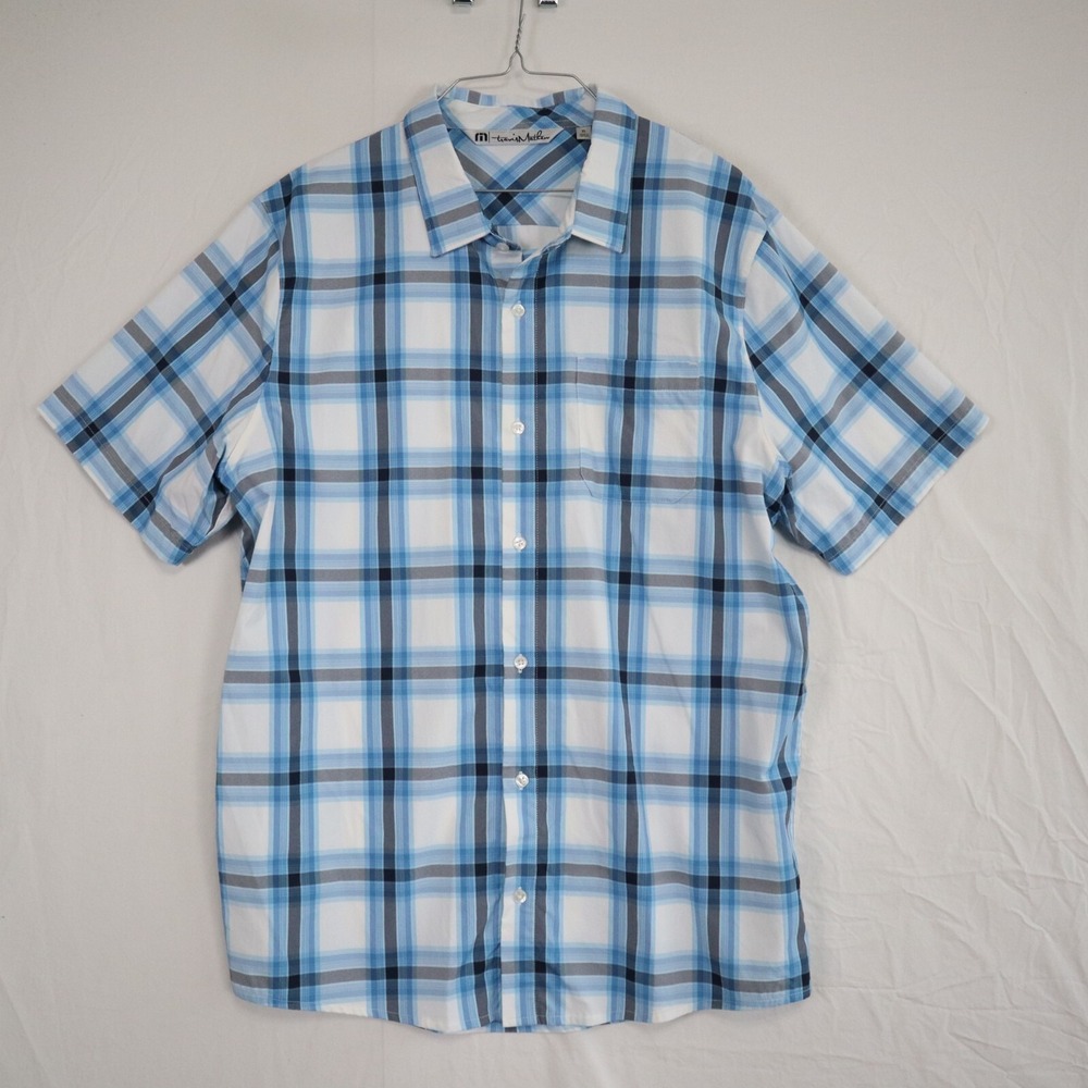 Travis Mathew Shirt Mens XL Casual Pocket Button Up Blue Plaid Short Sleeve